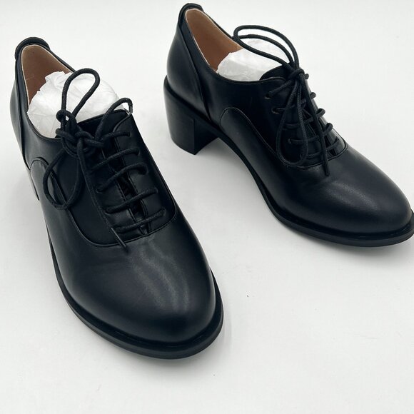 FOWT Black Cute Lace up Patent Leather Almond Toe Oxfords Block Heel Shoes - Picture 1 of 5